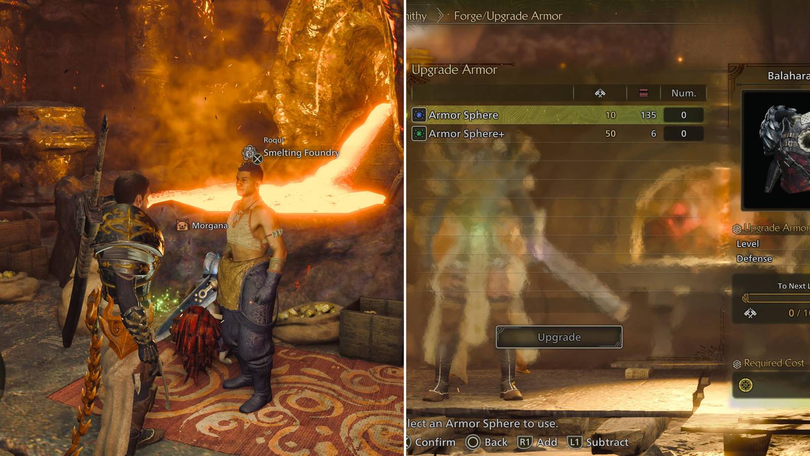 The Player Standing In Front Of The Foundry & Using Armor Spheres To Upgrade Armor 