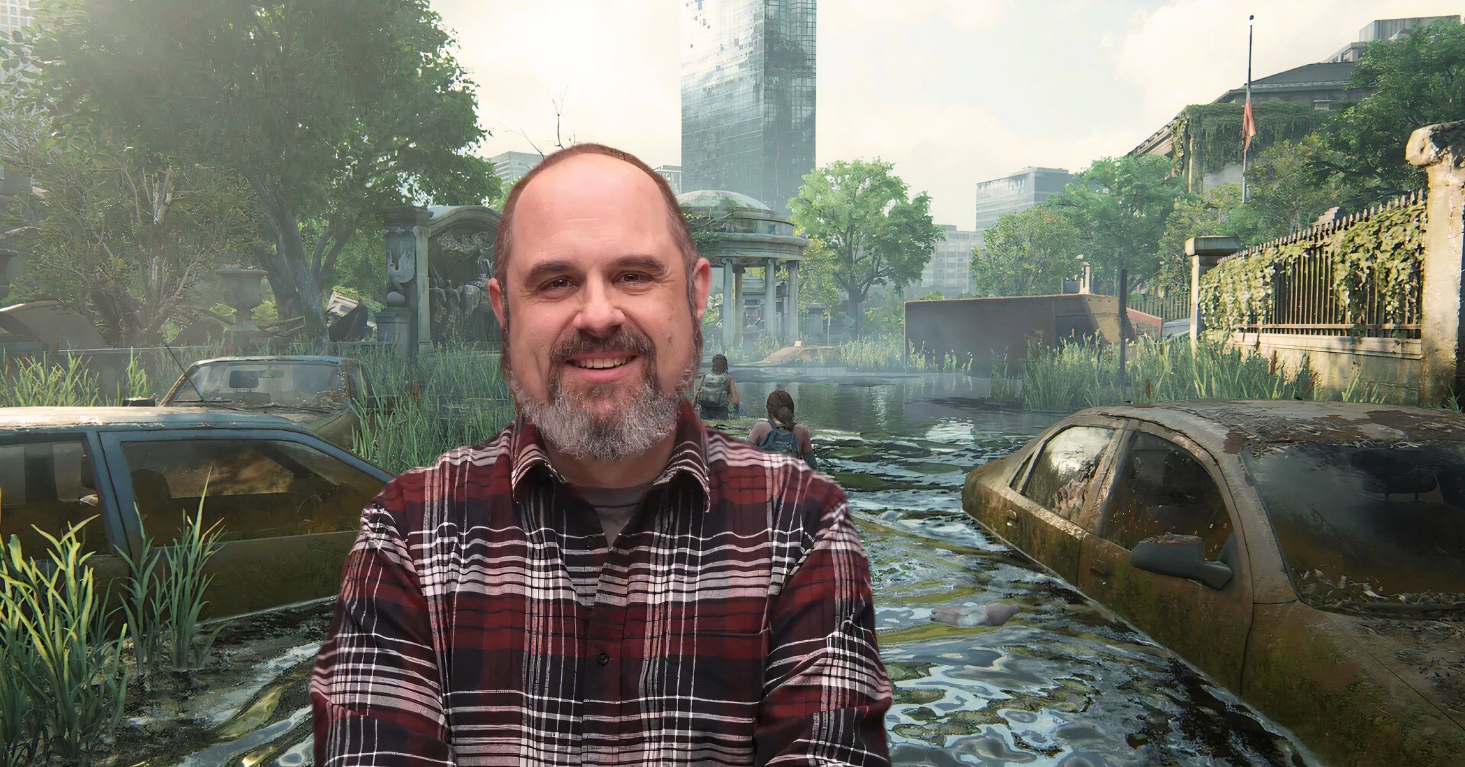 Craig Mazin with the last game of the US in the background - Custom Image by Rachael Fiddis.