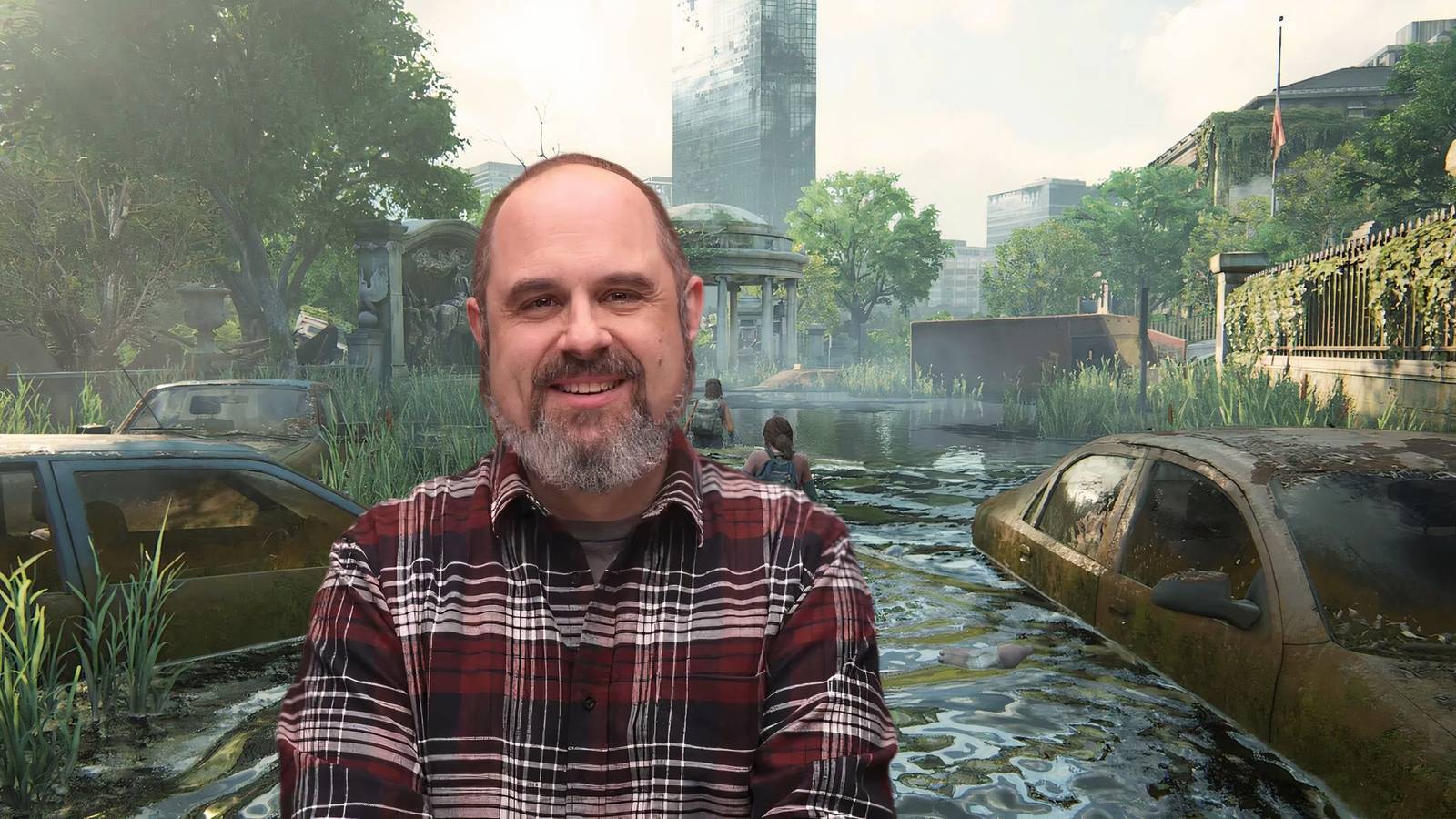 Craig Mazin with The Last of Us game in background - custom image by Rachael Fiddis