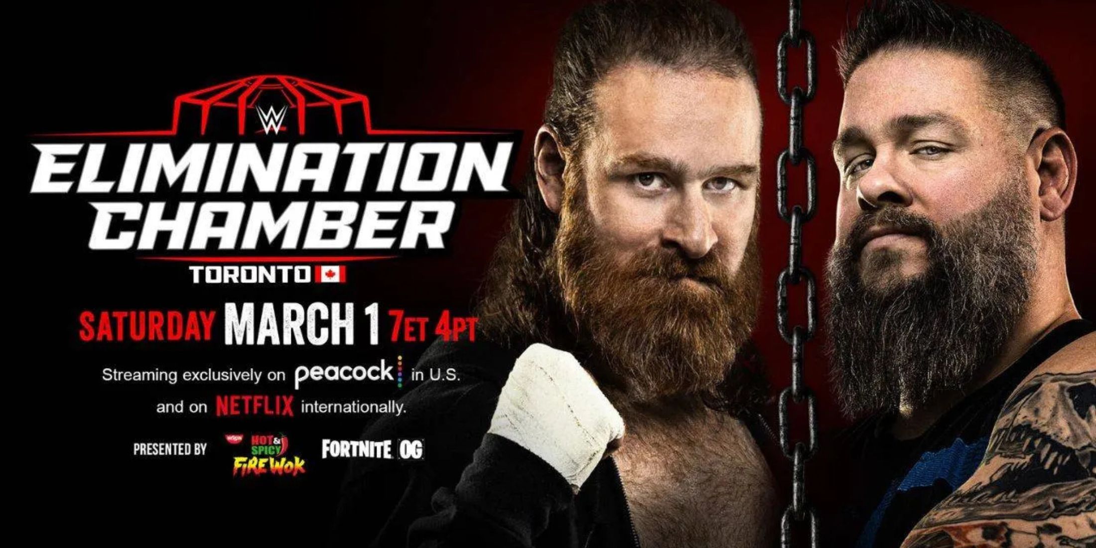 A promotional image for WWE Elimination Chamber, showing Sami Zayn and Kevin Owens