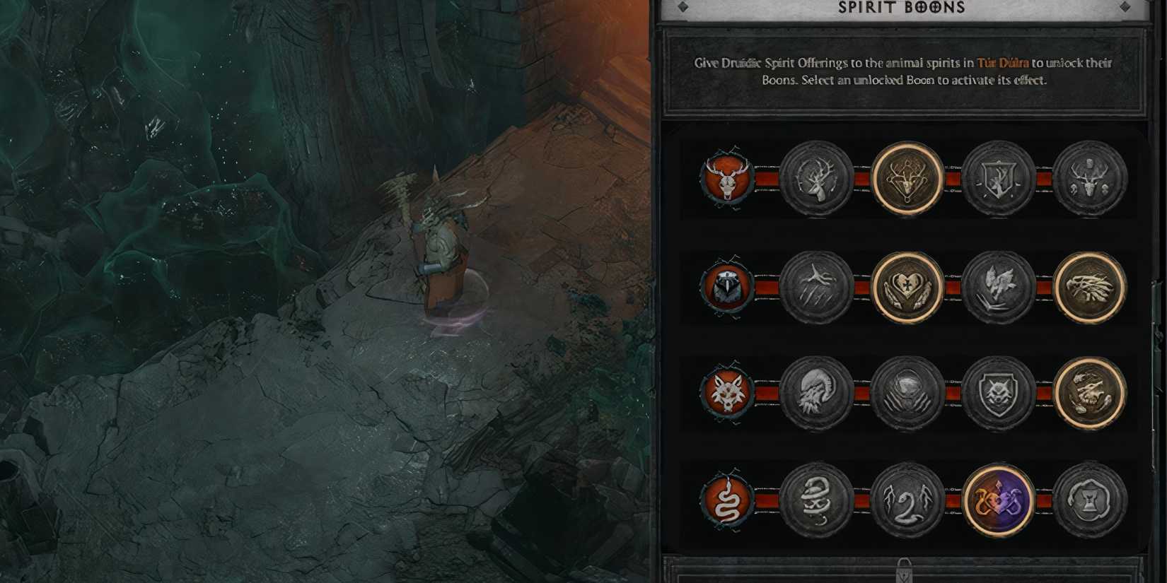a screenshot showing the spirit boon set up for the Lacerate Druid
