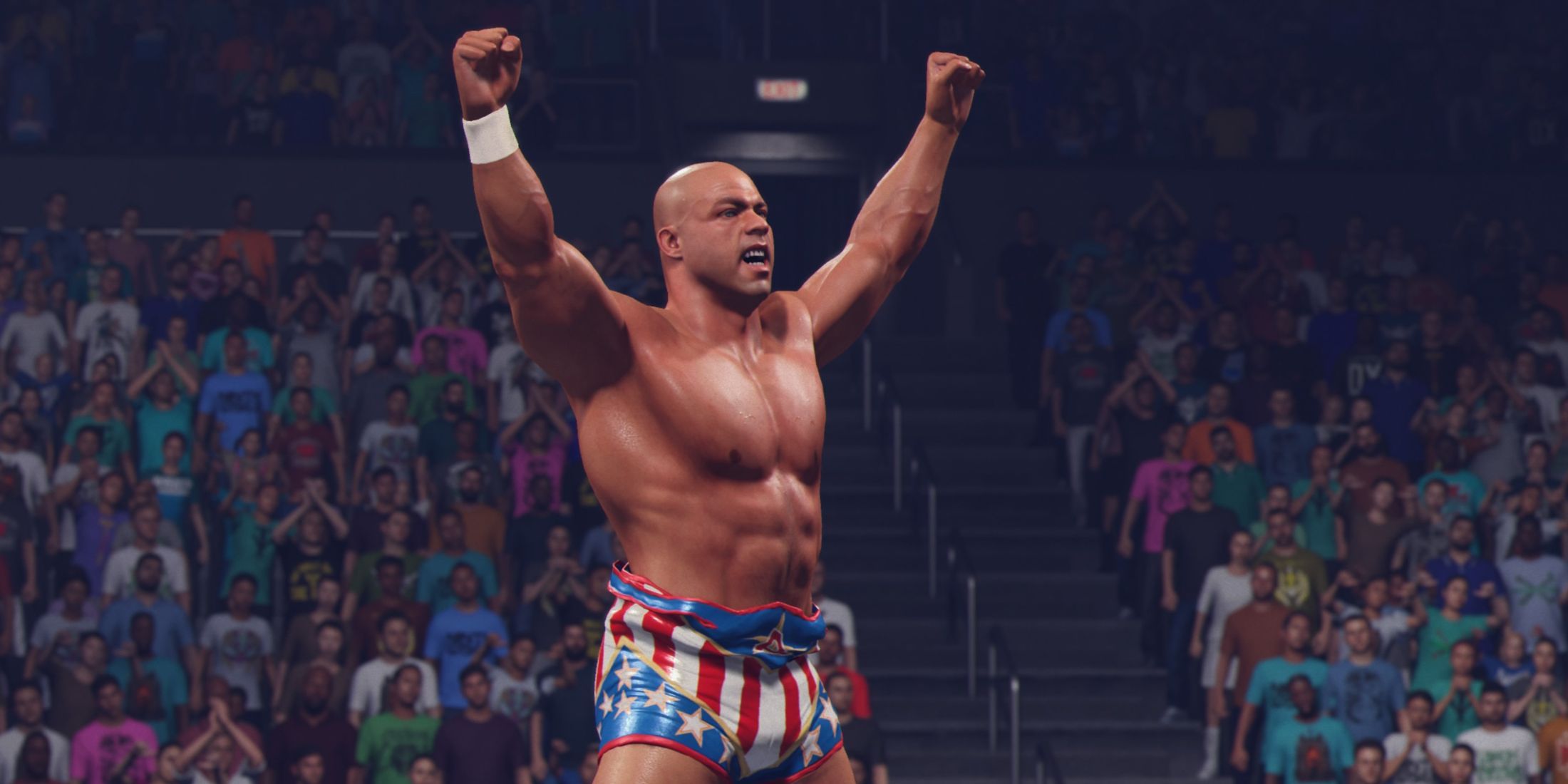 Kurt Angle with his arms raise in WWE 2K25