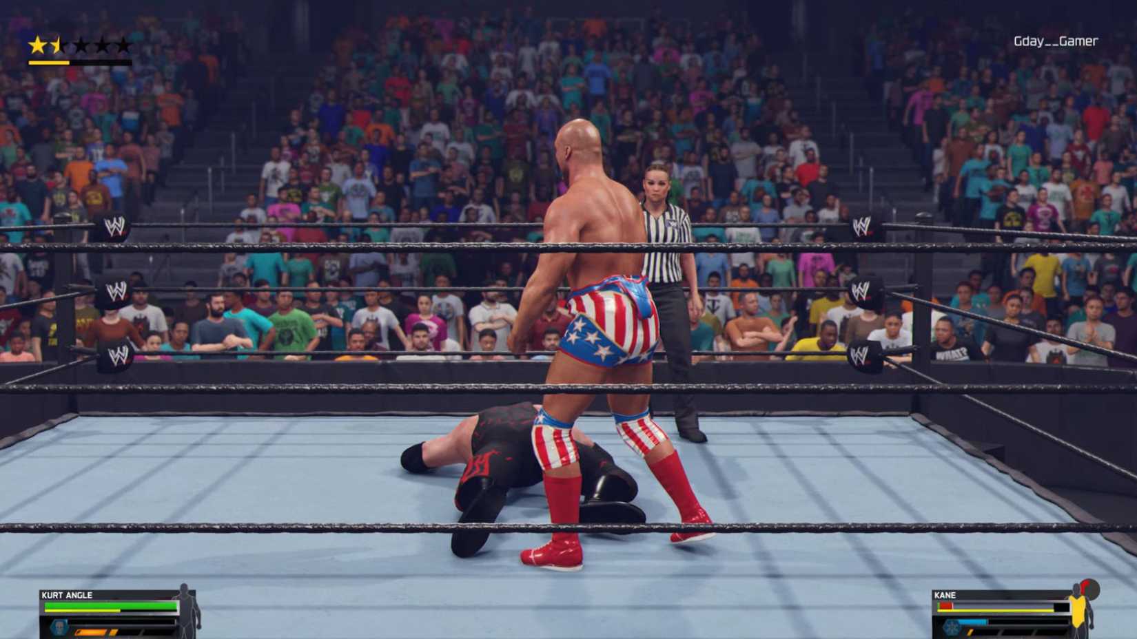 Kurt Angle removing his shoulder straps in WWE 2K25