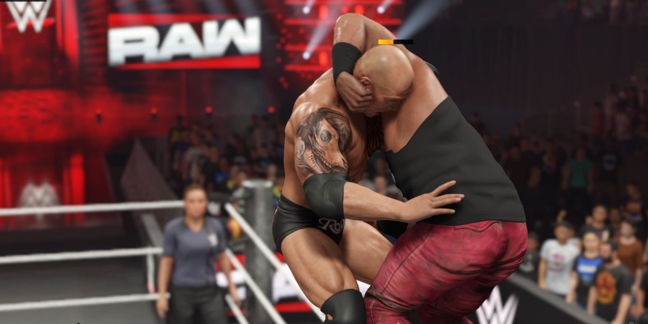 The Rock suplexing Braun Strowman off the top rope in WWE 2K25