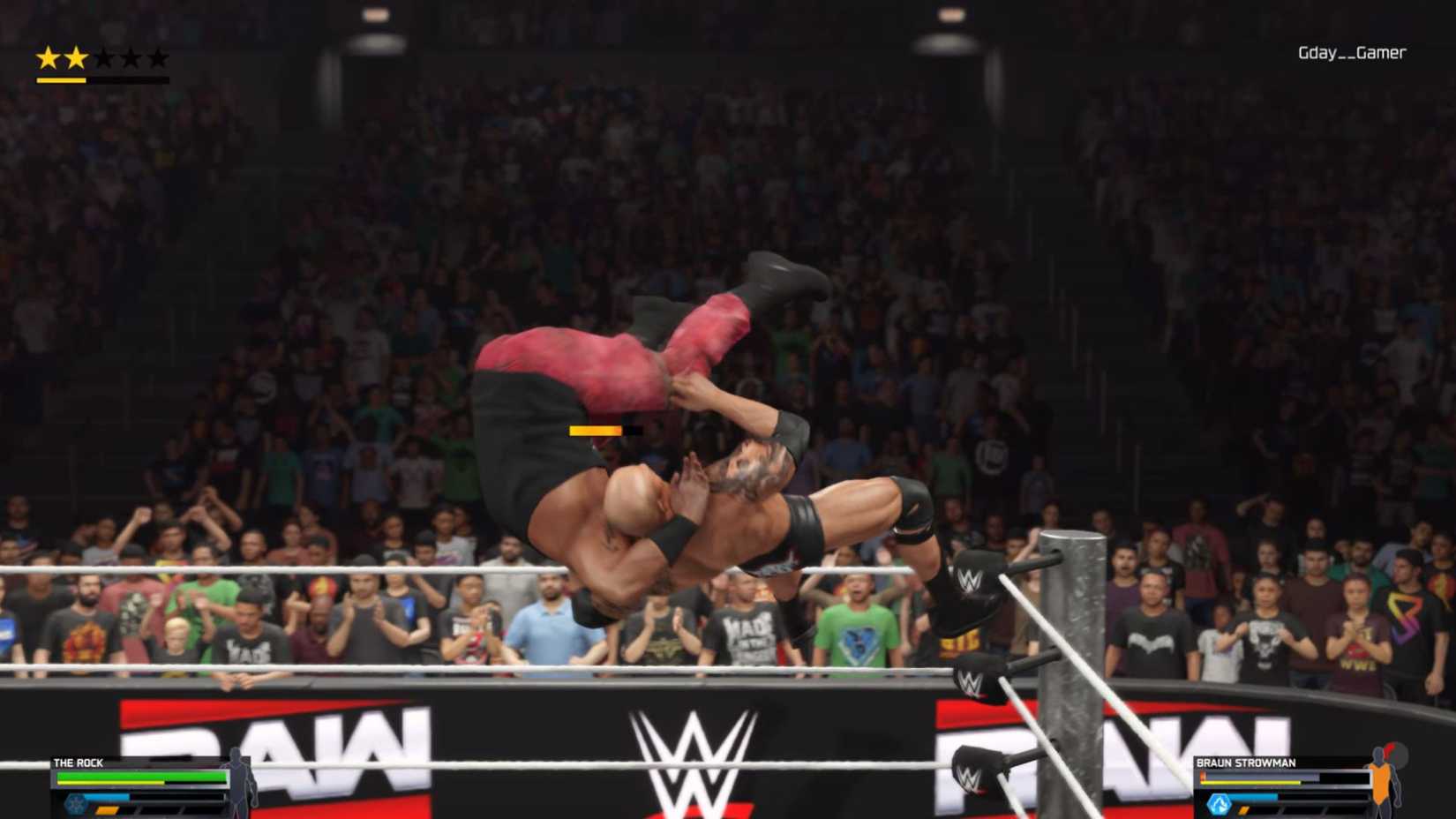 The Rock superplexing Braun Strowman in WWE 2K25