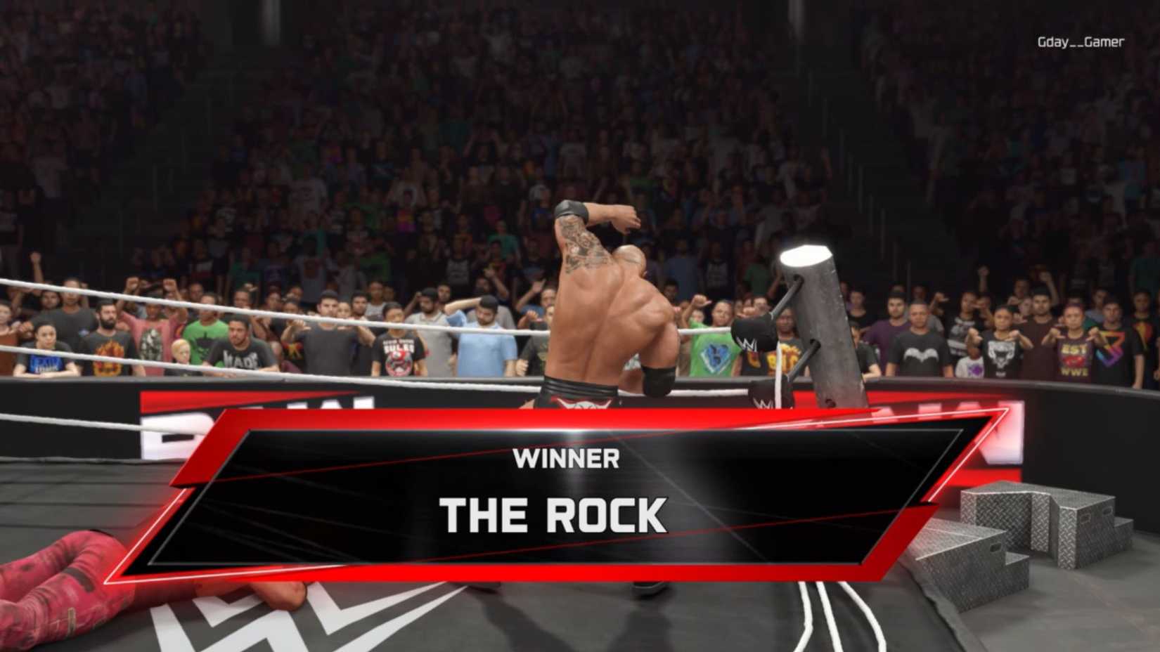 The Rock winning a match on a broken ring in WWE 2K25