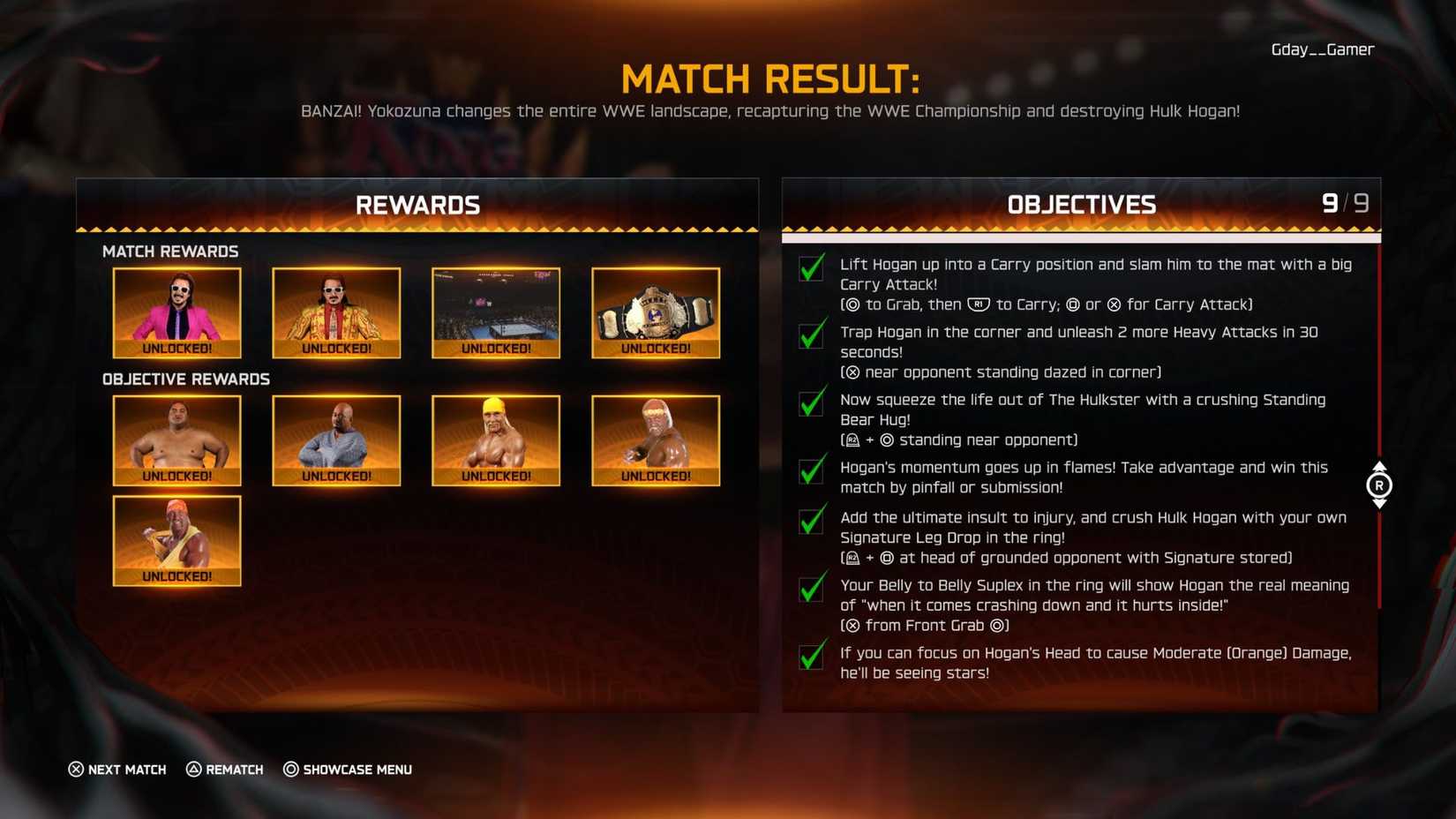 The rewards page for WWE 2K25's first Showcase match