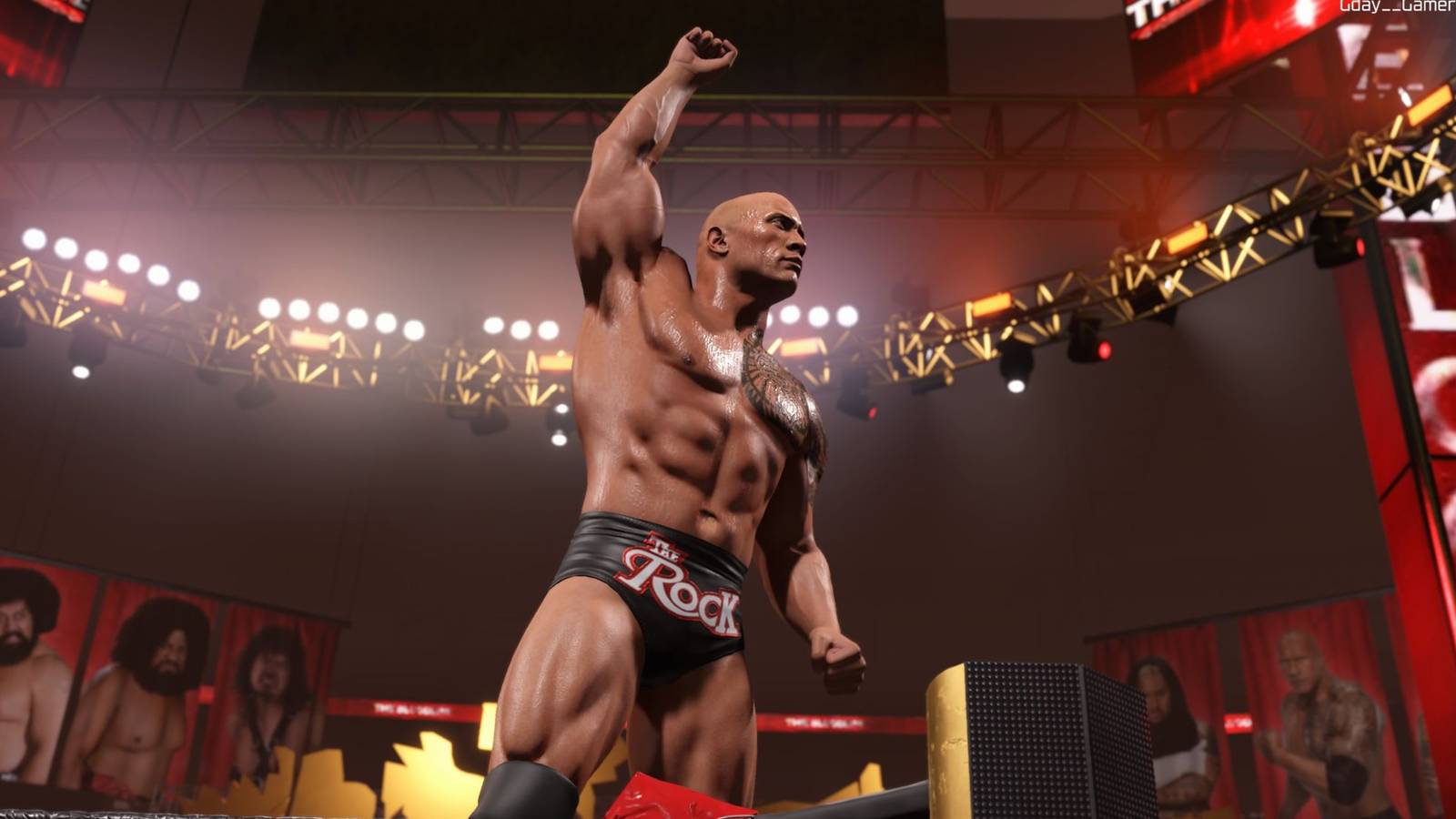 The Rock raising his fist in WWE 2K25