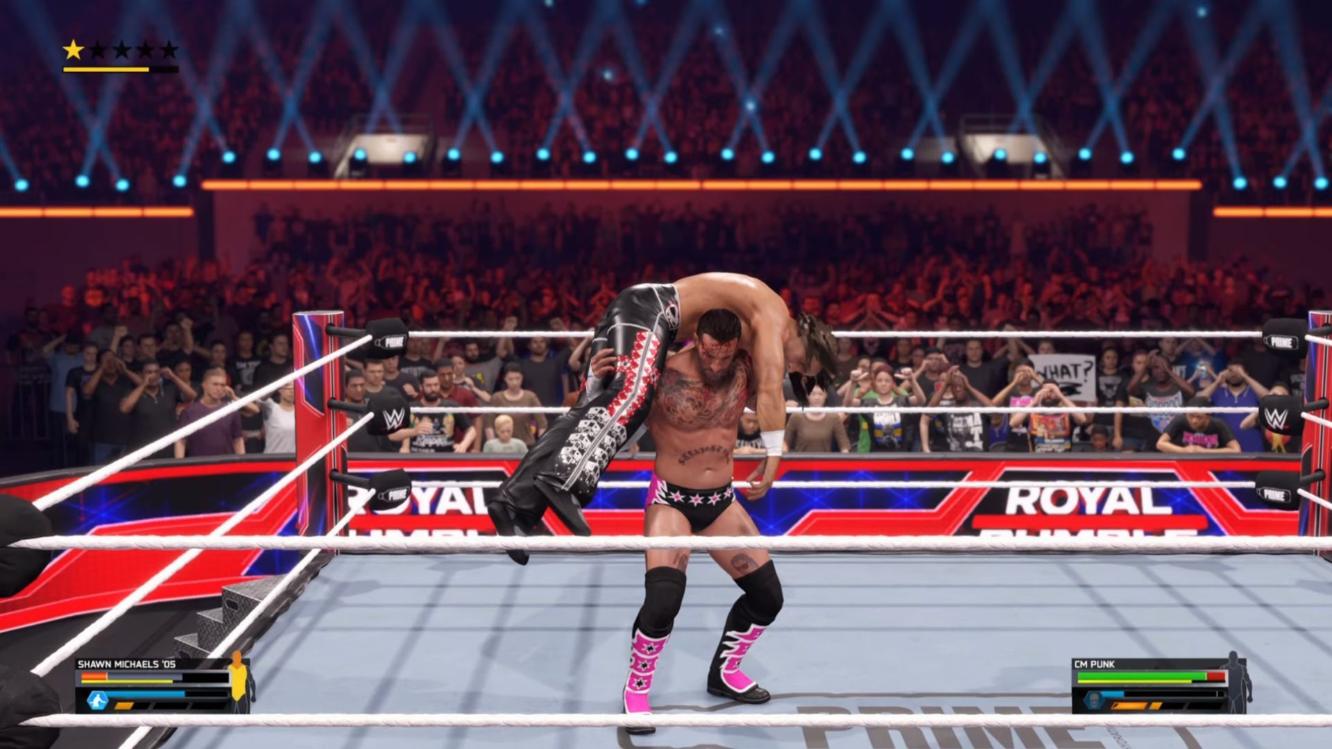 CM Punk with Shawn Michaels on his shoulders in WWE 2K25