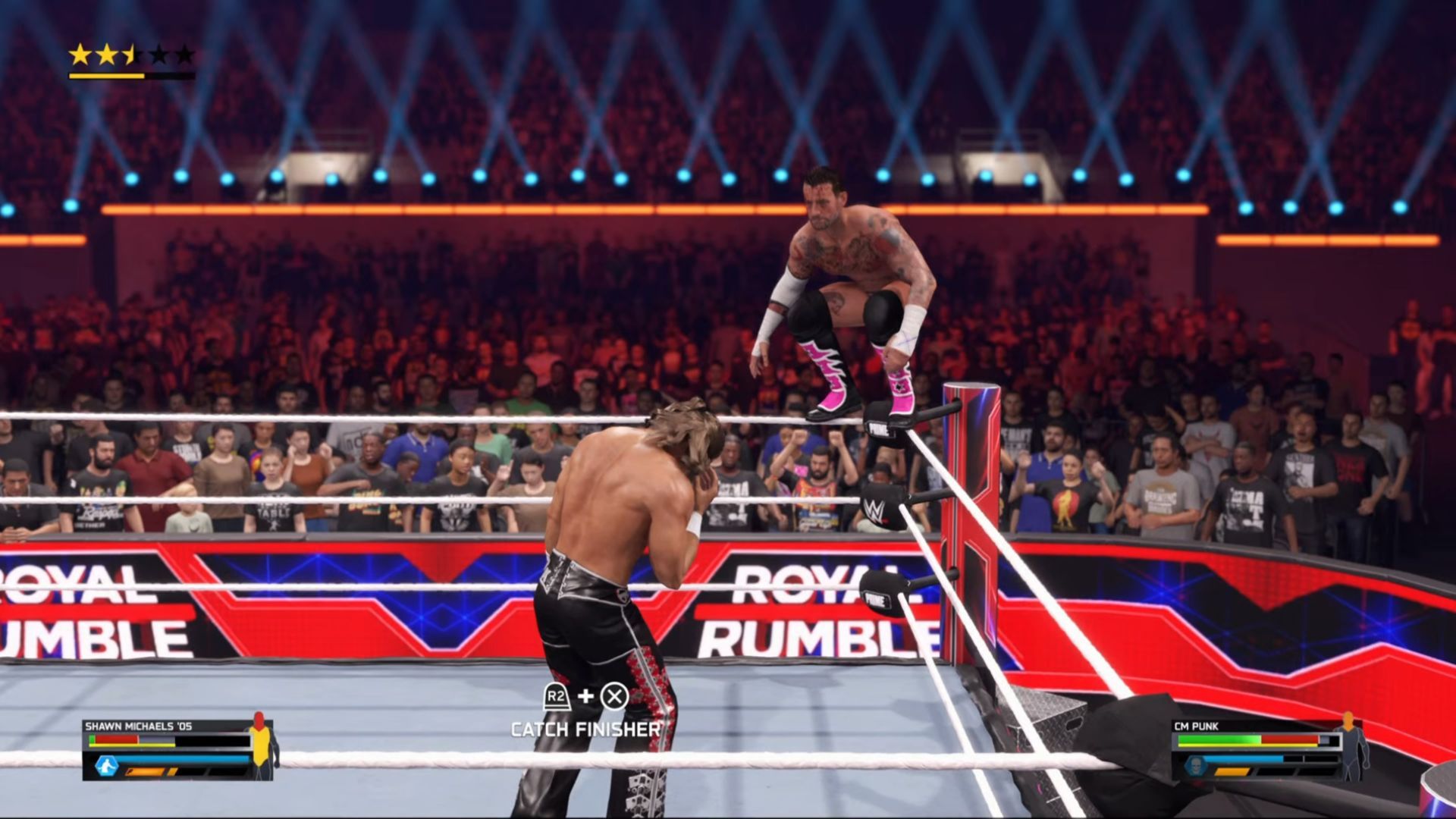 CM Punk on the top rope against Shawn Michaels in WWE 2K25