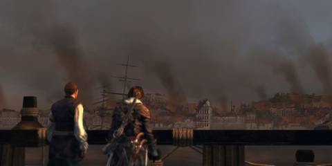 A player looking at a burning city in Assassin's Creed Rogue
