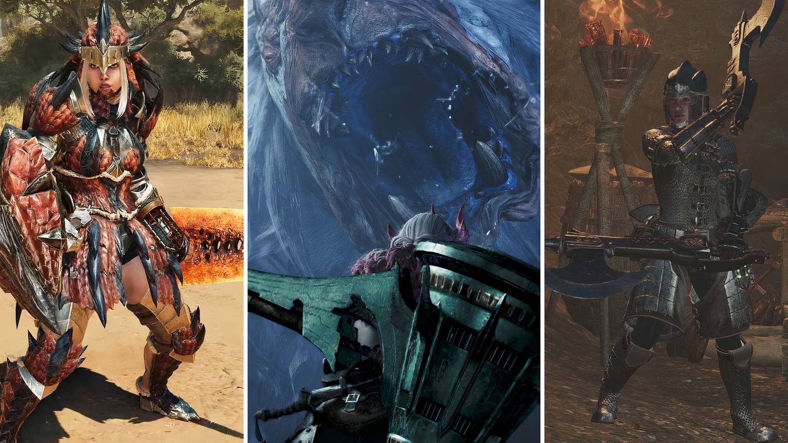 A grid showing three weapons in Monster Hunter Wilds