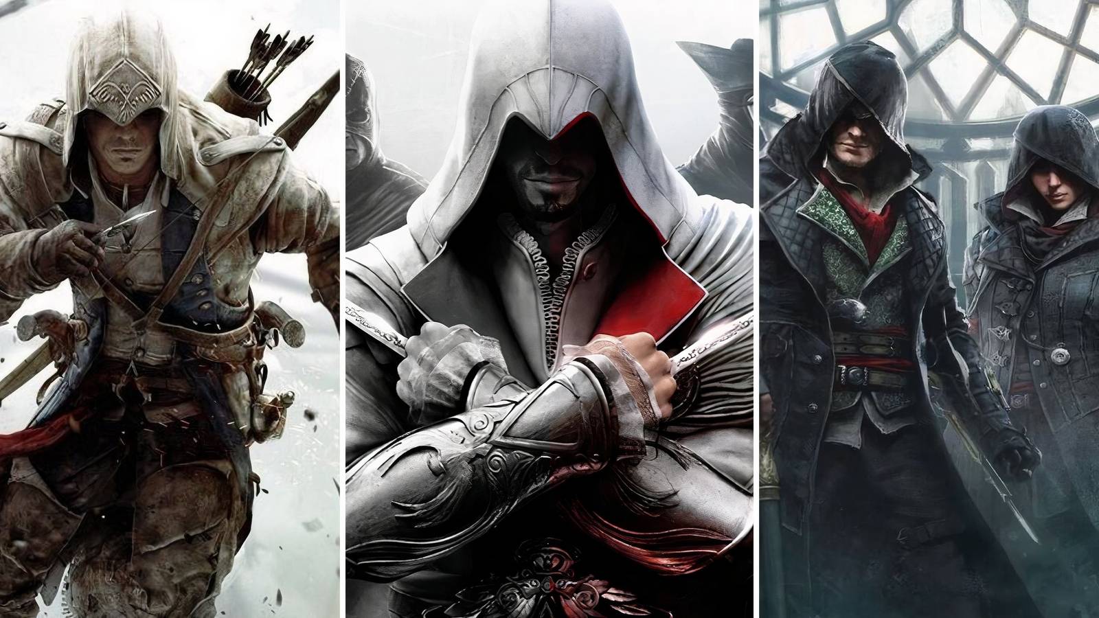 A grid showing three of the classic Assassin's Creed games