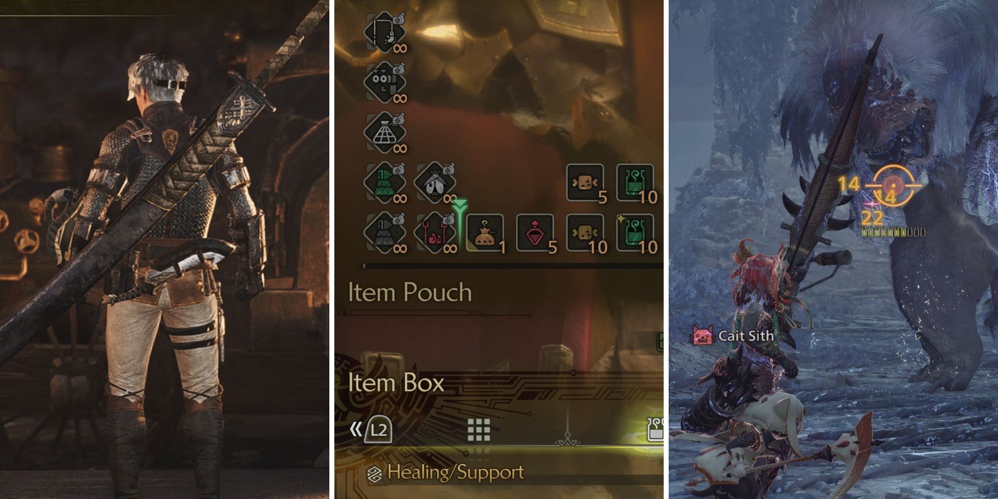 A grid showing the item pouch and a Monster Hunter facing a monster in Monster Hunter Wilds