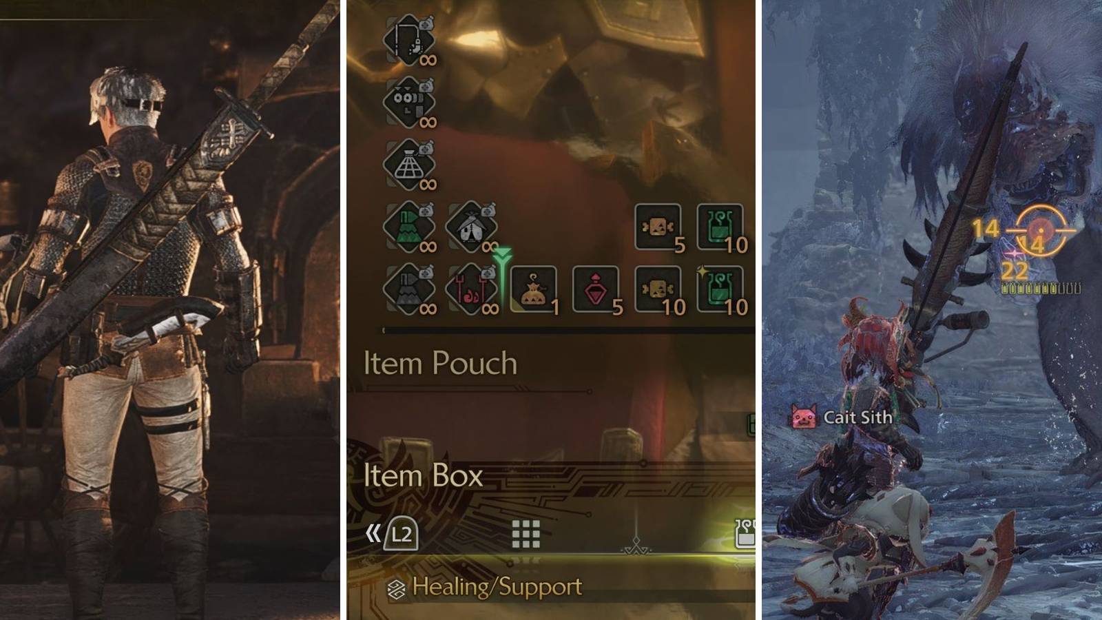 A grid showing the item pouch and a Monster Hunter facing a monster in Monster Hunter Wilds