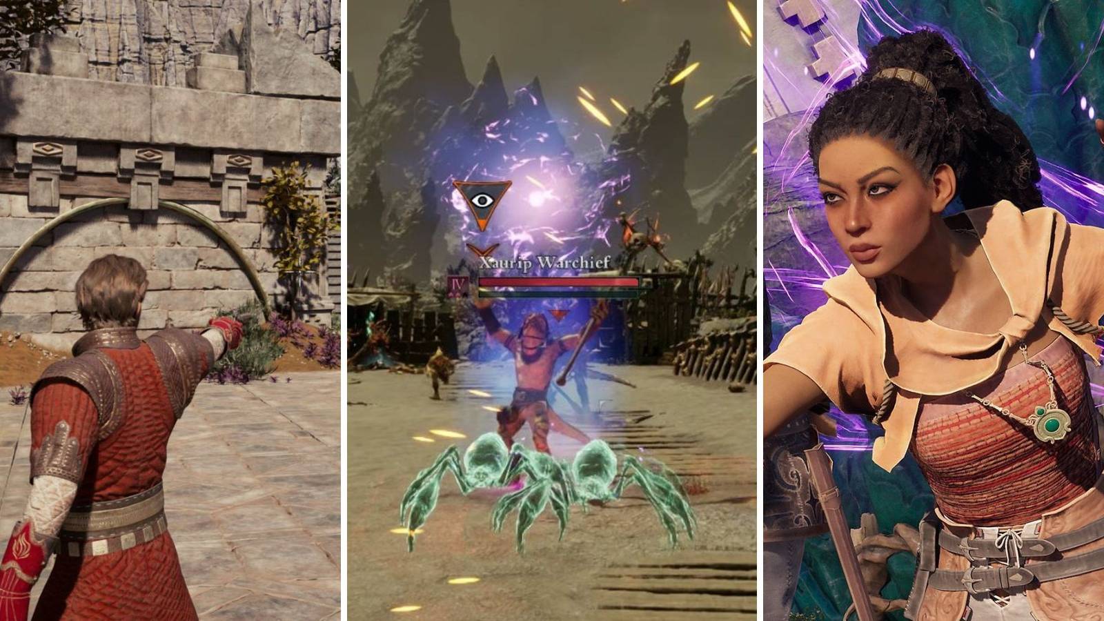 A grid showing Giatta, an Envoy with a pistol, and an enemy summoning in Avowed