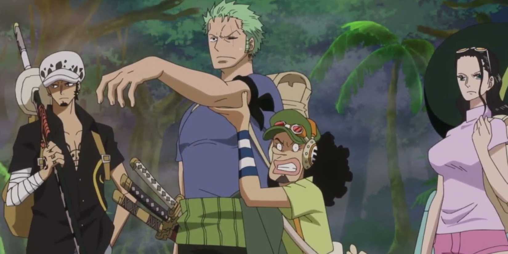 Usopp tries to act tough by mimicking Zoro.