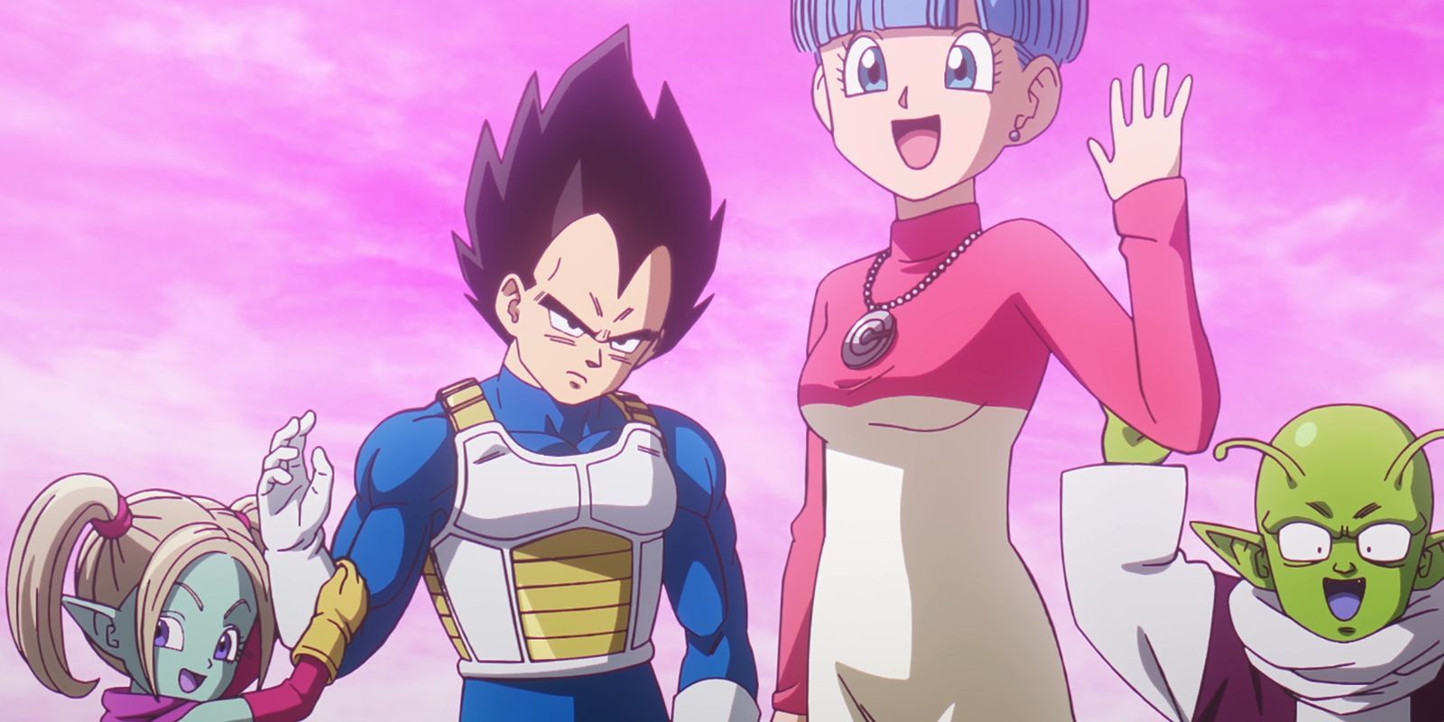 picture: vegeta, bulma and dende waving goodbye at the end of daima (panzy is making vegeta wave goodbye).