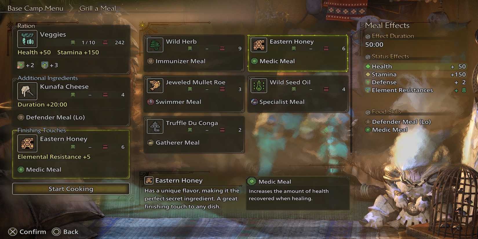 Veggies + Kunafa Cheese + Eastern Honey meal in Monster Hunter Wilds