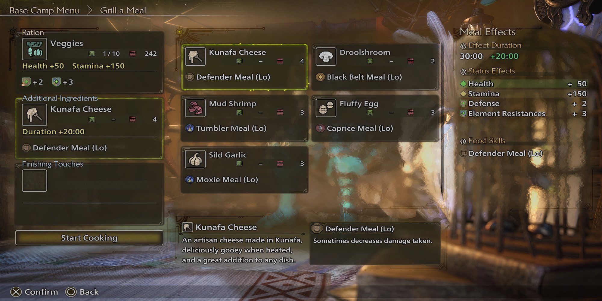 Veggies + Kunafa Cheese meal in Monster Hunter Wilds