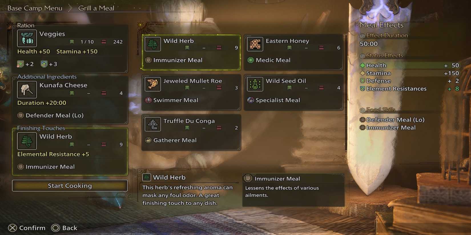Veggies + Kunafa Cheese + Wild Herb meal in Monster Hunter Wilds