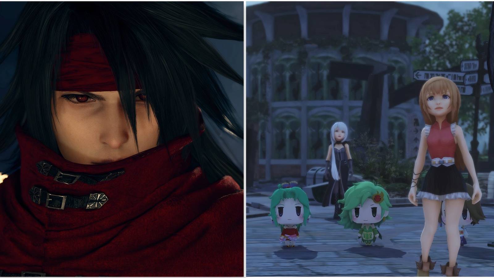 Vincent in Final Fantasy 7 Rebirth and A cutscene featuring characters in World of Final Fantasy