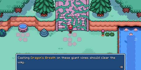 Path to the Deep Woods blocked with vines in Fields of Mistria