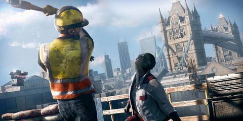 Watch Dogs Legion promo image of combat near Tower Bridge