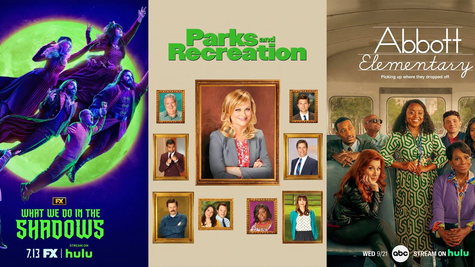 What We Do in the Shadows FX poster, Parks and Recreation poster, and an Abbott Elementary ABC poster