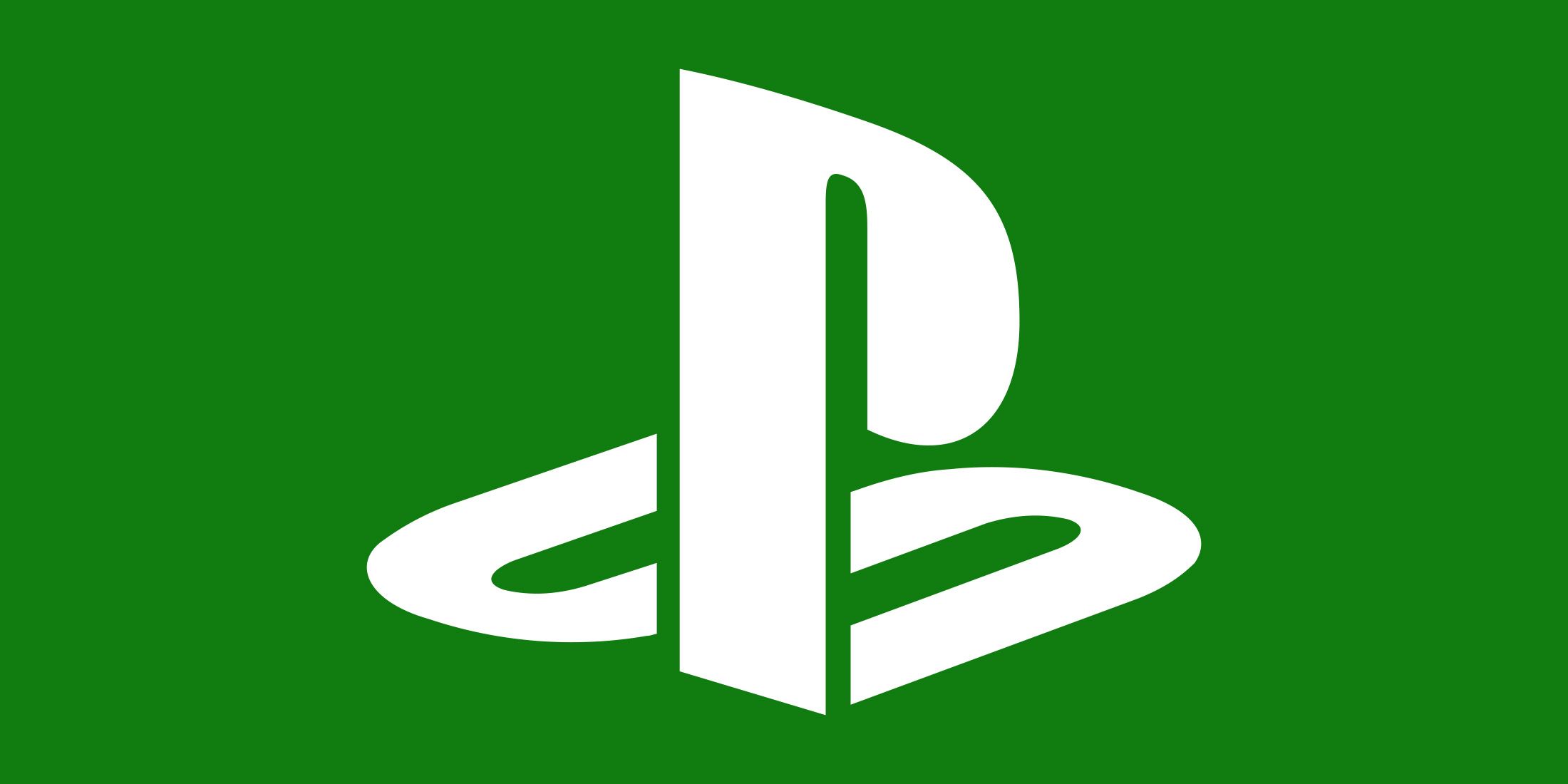 white PlayStation logo emblem submark on Xbox green background 2x1 composite