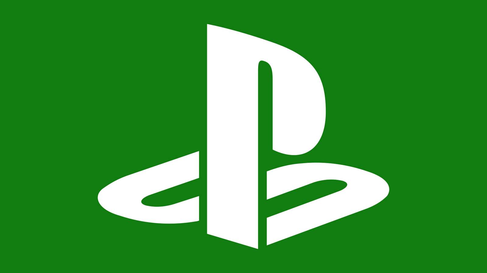 white PlayStation logo emblem submark on Xbox green background 2x1 composite