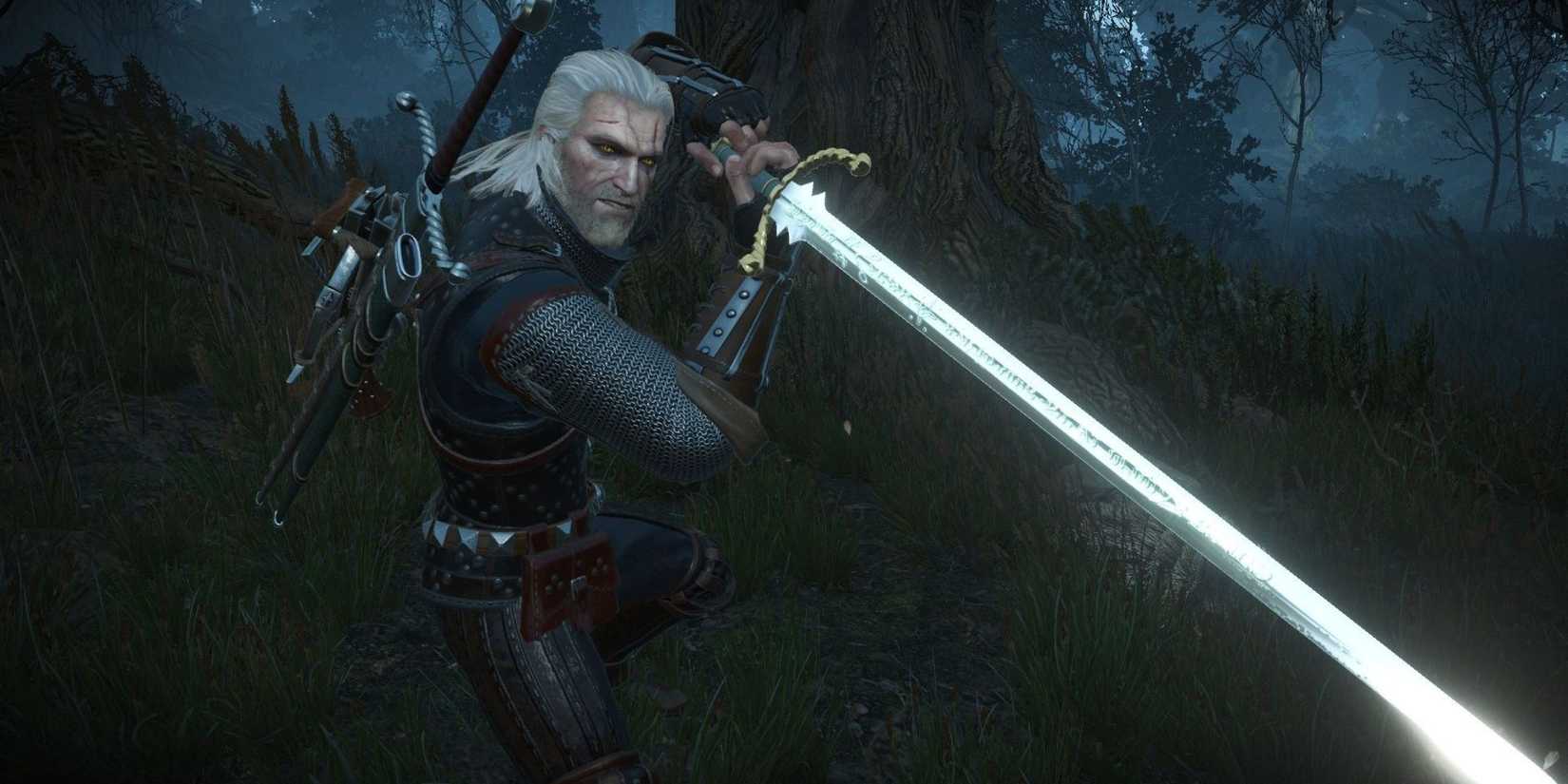 Geralt weilding the Belhaven Blade in The Witcher 3