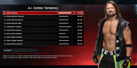WWE 2K25 custom AI move tendency settings for top for AJ Styles
