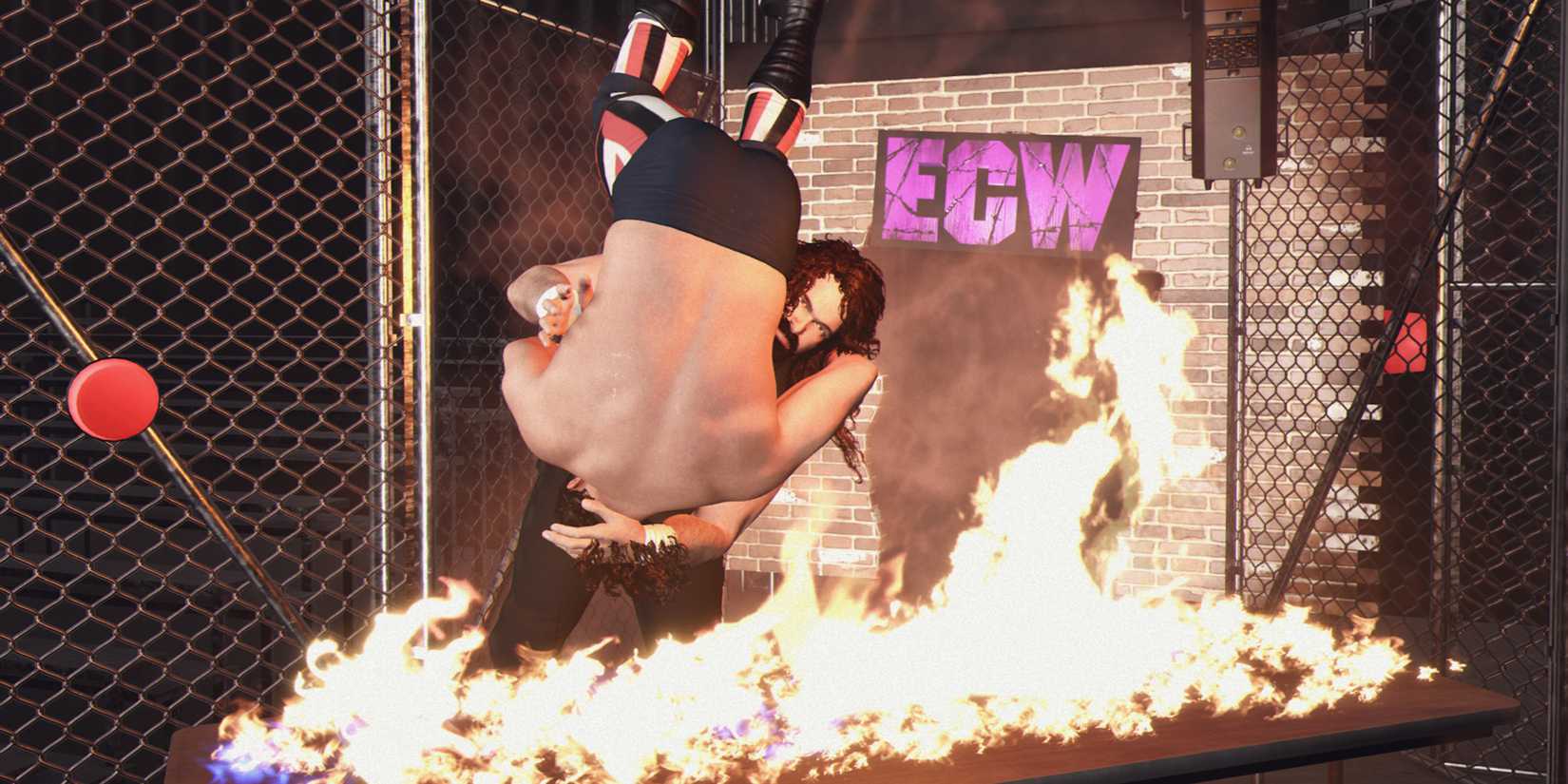 WWE 2K25 screenshot of Cactus Jack putting Terry Funk through a flaming table