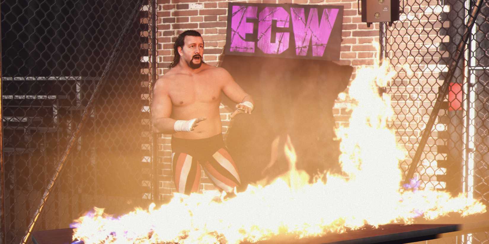 WWE 2K25 screenshot of Terry Funk after lighting a table on fire 