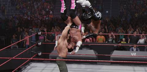 WWE 2K25 John Cena hits Punk and Uso for the double finisher