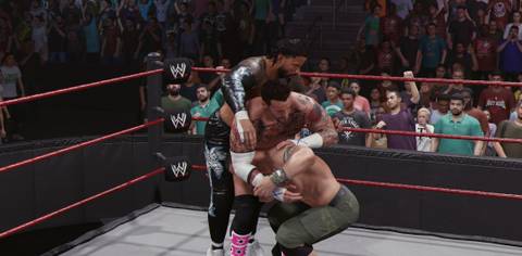WWE 2K25 John Cena lifts Punk and Uso for the double finisher