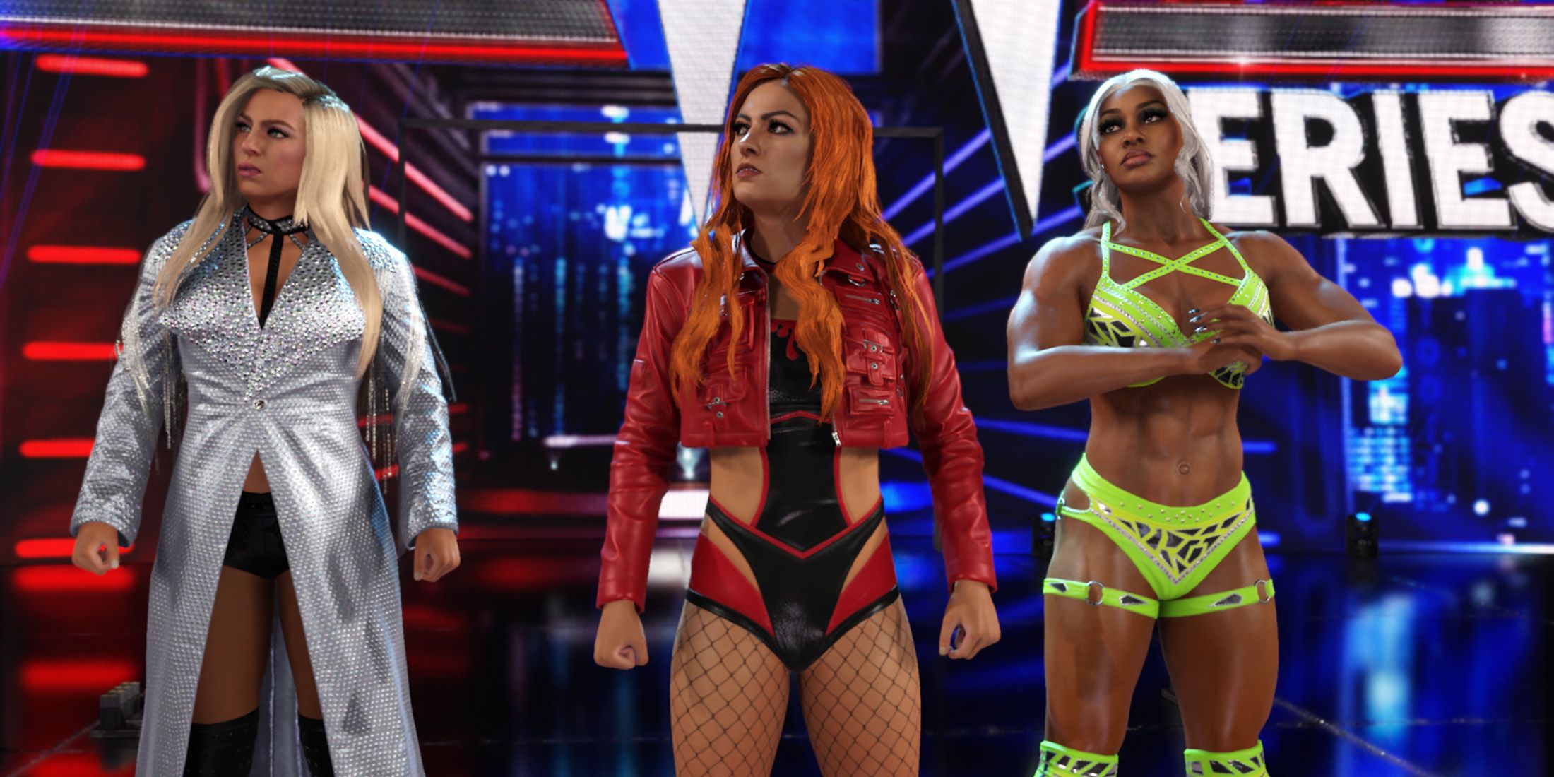 WWE 2K25 screenshot of Becky Lynch, Jade Cargill, and Charlotte Flair