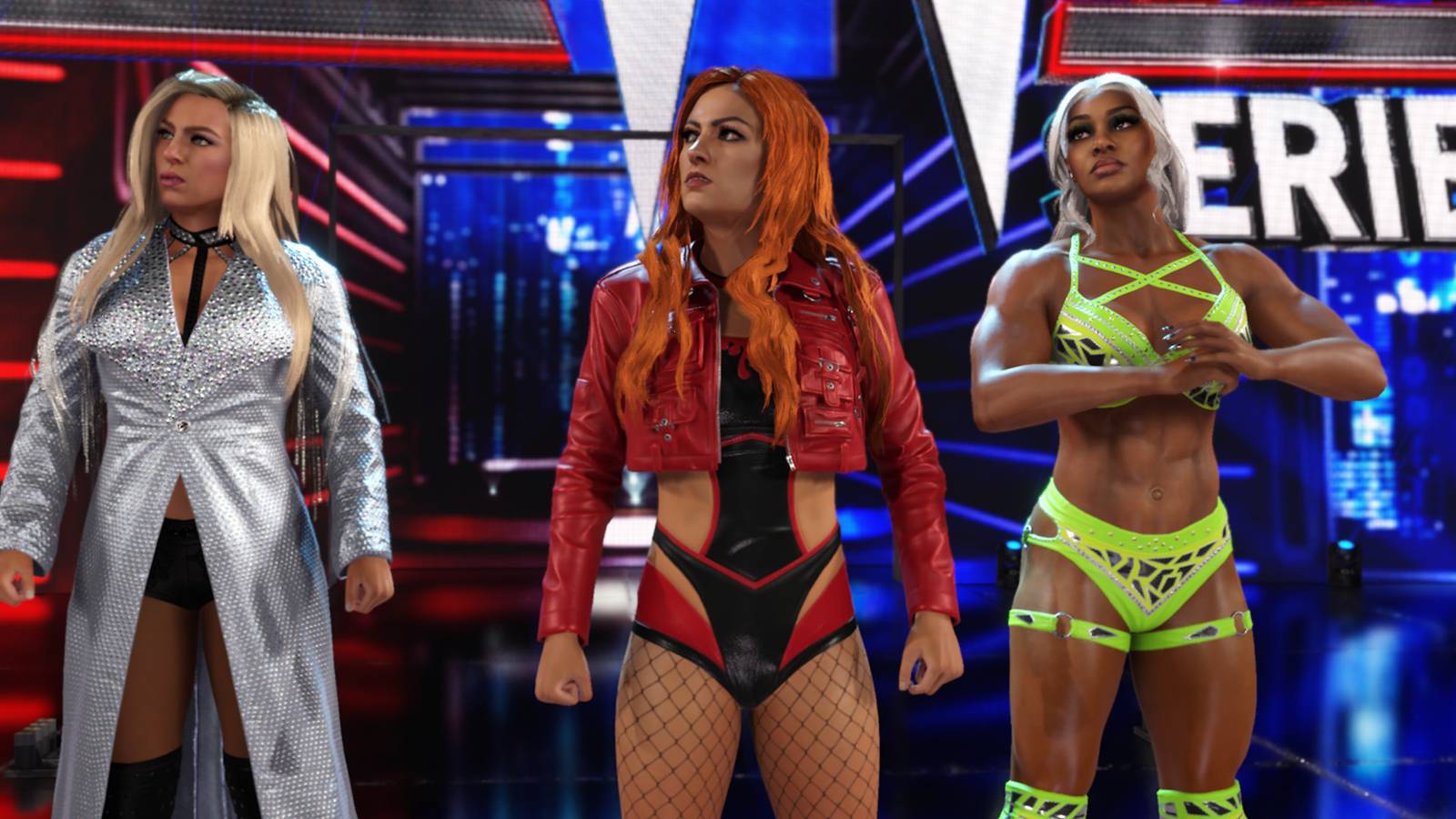 WWE 2K25 screenshot of Becky Lynch, Jade Cargill, and Charlotte Flair