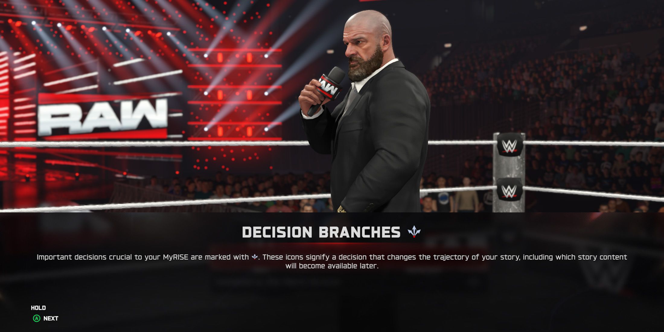 WWE 2K25 screenshot of MyRISE Decision Branches pop-up 