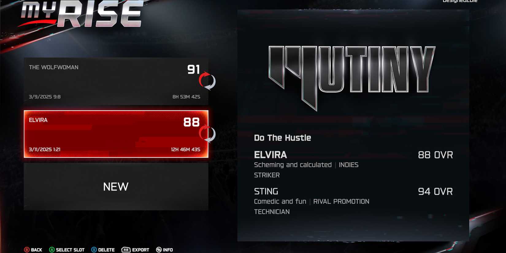 WWE 2K25 screenshot of MyRISE save screen with Elvira and Sting 