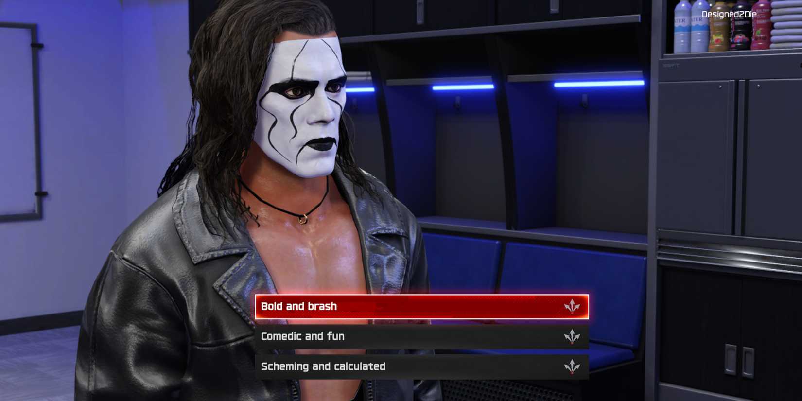 WWE 2K25 screenshot from MyRISE of personality type choice with Sting of bold and brash, comedic and fun, or scheming and calculated