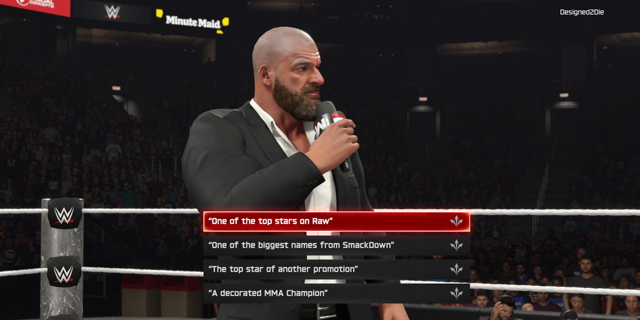 WWE 2K25 MyRISE screenshot of picking Raw, SmackDown, another promotion, or MMA