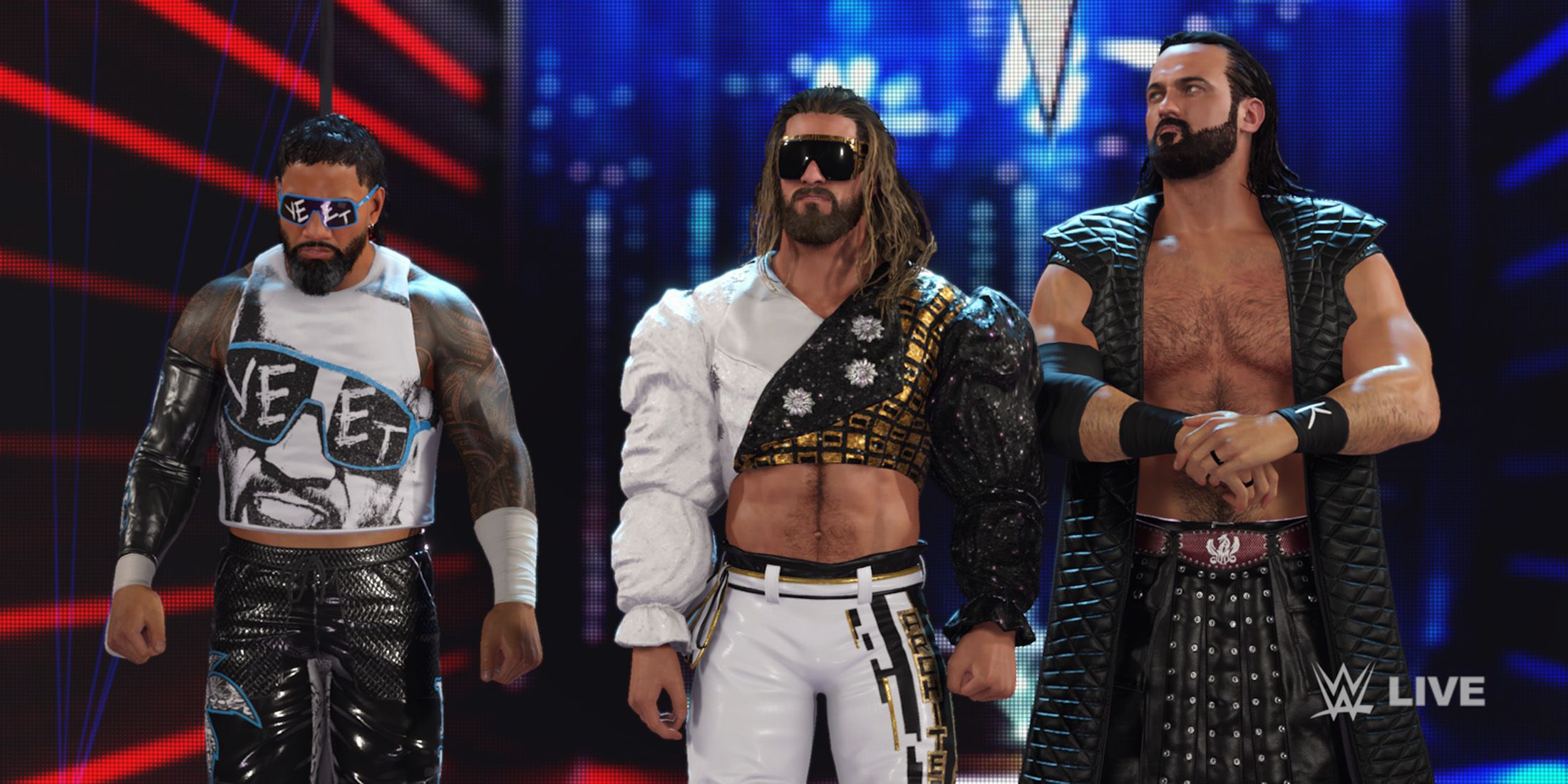 WWE 2K25 screenshot of Seth Rollins, Drew McIntyre, and Jey Uso at Survivor Series