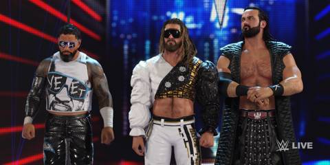 WWE 2K25 screenshot of Seth Rollins, Drew McIntyre, and Jey Uso at Survivor Series