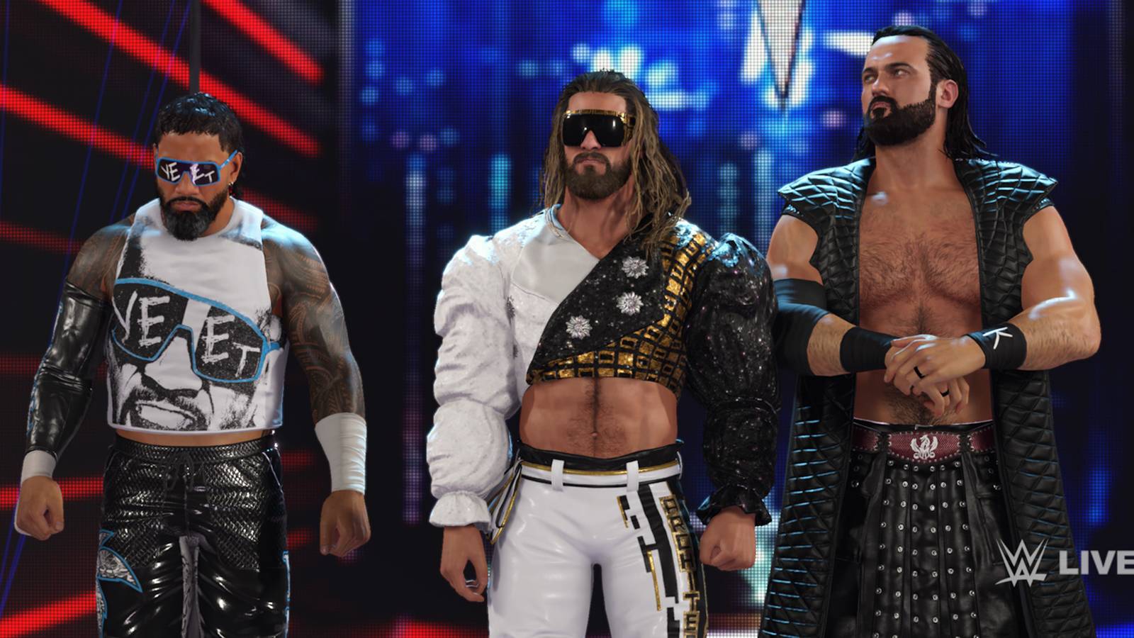 WWE 2K25 screenshot of Seth Rollins, Drew McIntyre, and Jey Uso at Survivor Series
