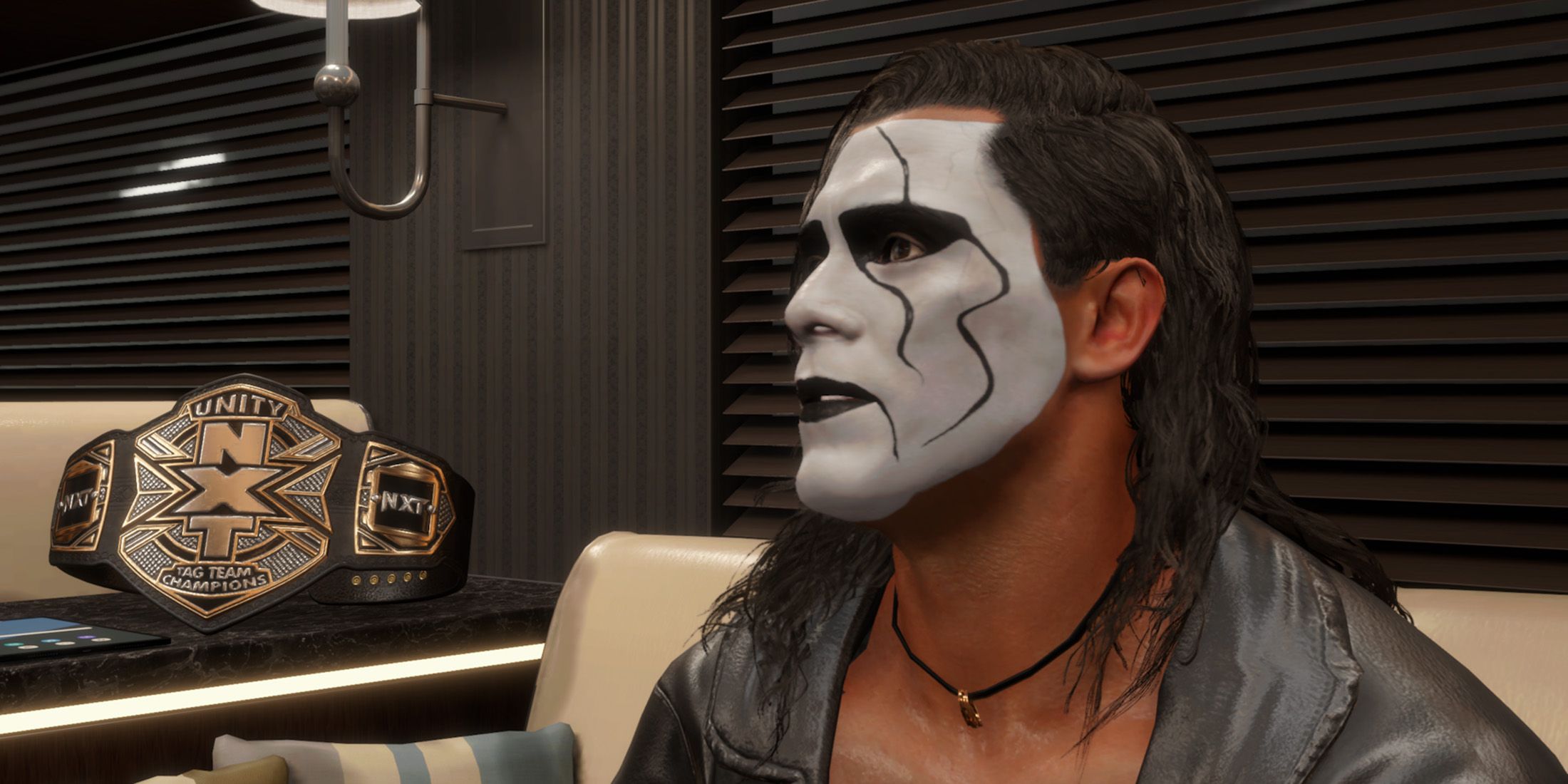 WWE 2K25 screenshot of Sting in MyRISE by the NXT Unity Tag Title