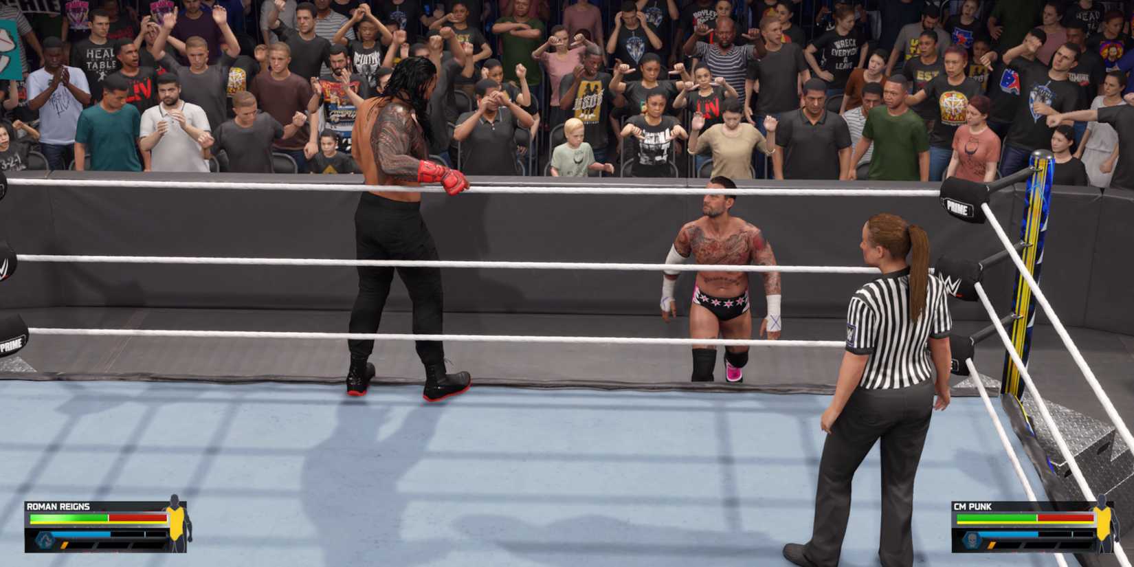 WWE 2K25 Reigns on the apron facing Punk