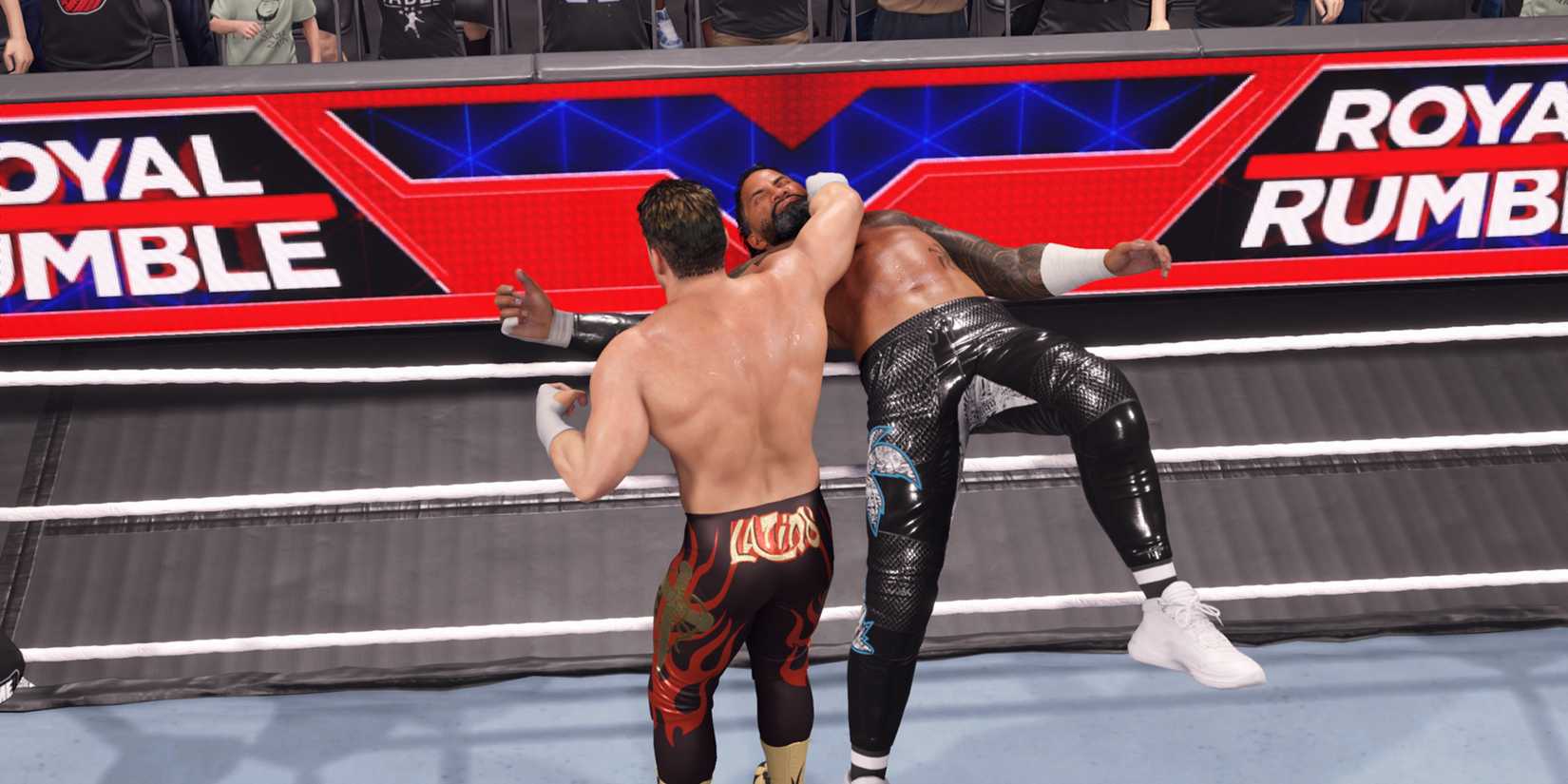 WWE 2K25 screenshot of Eddie Guerrero eliminating Jey Uso in the Royal Rumble