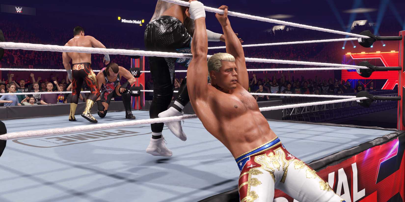WWE 2K25 screenshot of Jey Uso eliminating Cody Rhodes from the Royal Rumble